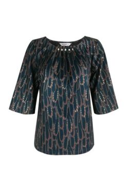 Áo thun Hạnh cổ tròn xếp li, kết hạt, tay lửng