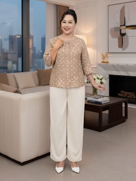 Áo kiểu trung niên cổ tròn đính hạt châu chất liệu lụa cavan in họa tiết 1432/5.359/5.360