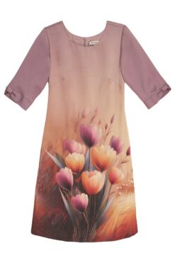 Hạnh Đầm suông cổ tròn in họa tiết hoa tulip, tay ngắn cách điệu 1623/5.329
