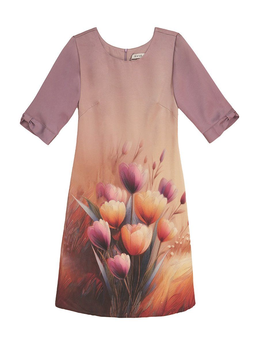 Hạnh Đầm suông cổ tròn in họa tiết hoa tulip, tay ngắn cách điệu 1623/5.329