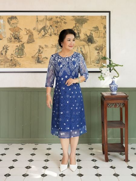 Đầm suông cổ tròn tay lỡ chất liệu Ren lót thun cotton 1623/5.498