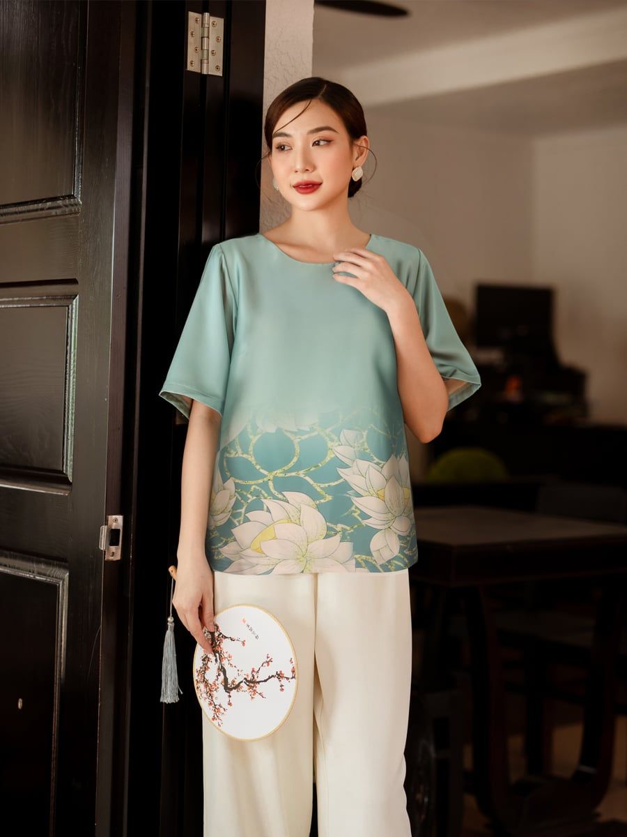 Áo cổ tròn in họa tiết, tay ngắn 2491/4.291