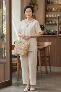 Bộ quần trung niên cổ tròn tay ngắn chất liệu linen thêu họa tiết 25413/5.288