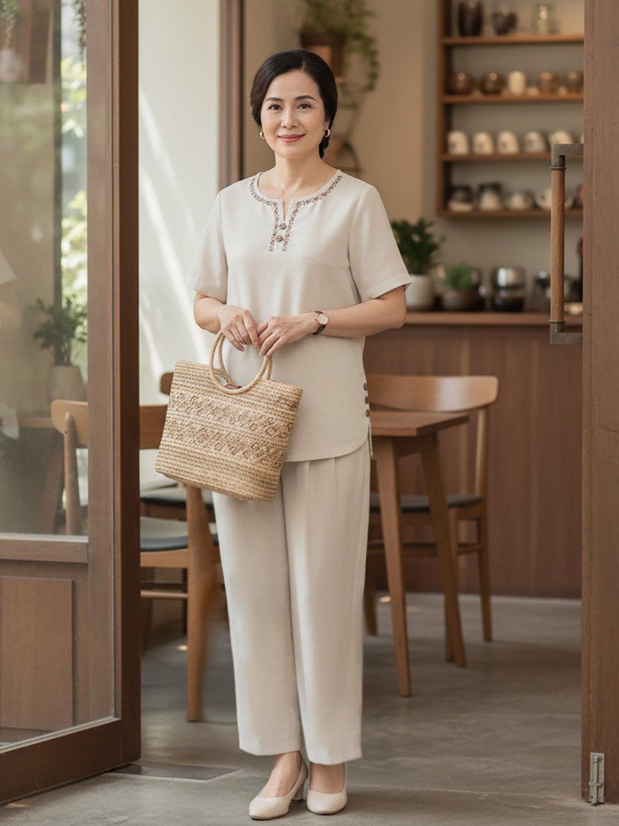Bộ quần trung niên cổ tròn tay ngắn chất liệu linen thêu họa tiết 25413/5.288