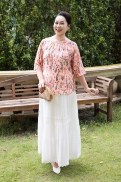 Áo kiểu trung niên cổ tròn phối ren chất liệu cotton in họa tiết hoa 25414/5.326