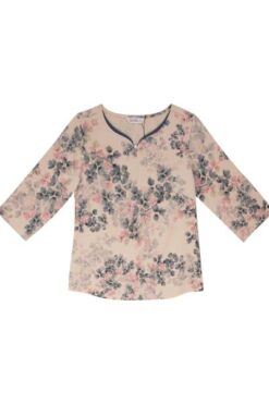 Hạnh Áo viền cổ xẻ lá trầu đính hạt châu, in họa tiết hoa lá, tay lửng 25415/5.257