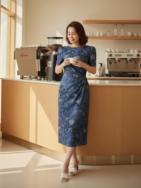 Đầm thun cổ tròn tay ngắn nhún eo chất liệu thun cotton 3633/3.505