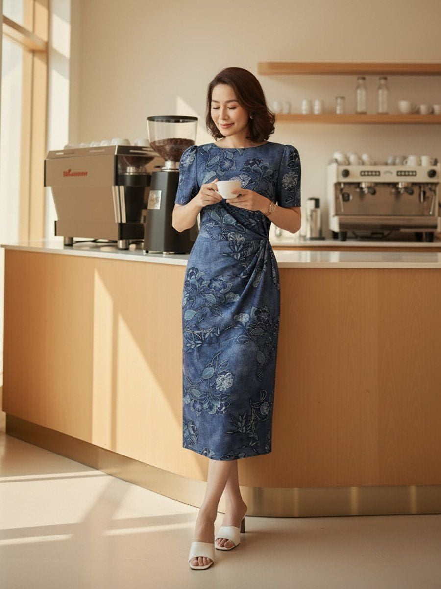 Đầm thun cổ tròn tay ngắn nhún eo chất liệu thun cotton 3633/3.505 - Ảnh 2