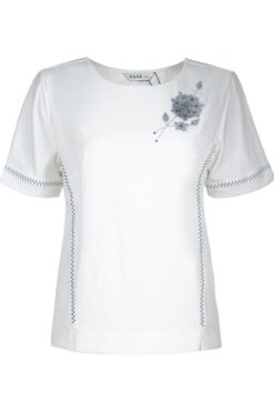 Áo kiểu cổ tròn tay ngắn kết hoa chất liệu Linen 4403/5.175