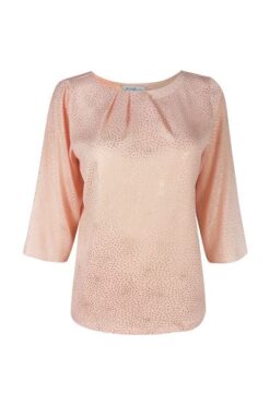 Hạnh Áo thun cổ phối xếp li, họa tiết chấm bi ánh vàng, tay lửng 4439/5.44