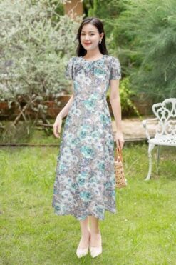 Đầm dài Hạnh cổ tròn xếp li, tay ngắn, trẻ trung 4612/4.414