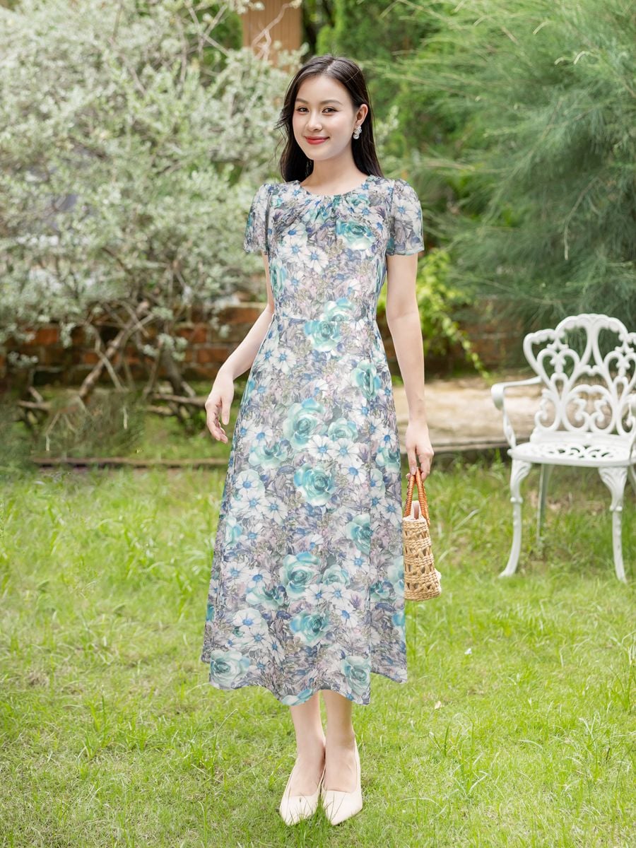 Đầm dài Hạnh cổ tròn xếp li, tay ngắn, trẻ trung 4612/4.414 - Ảnh 2