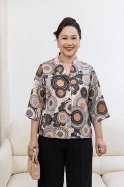 Áo sơ mi Hạnh in họa tiết vòn tròn thời gian,  tay lửng 25411/5.243