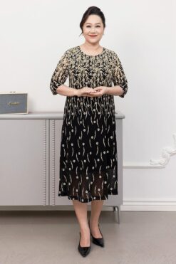 Hạnh Đầm thun suông in cổ tròn họa tiết, tay lửng 3629/5.265