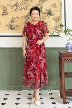 Đầm dài Hạnh cổ tròn,eo quấn hoa hồng, tay ngắn 4630/4.469